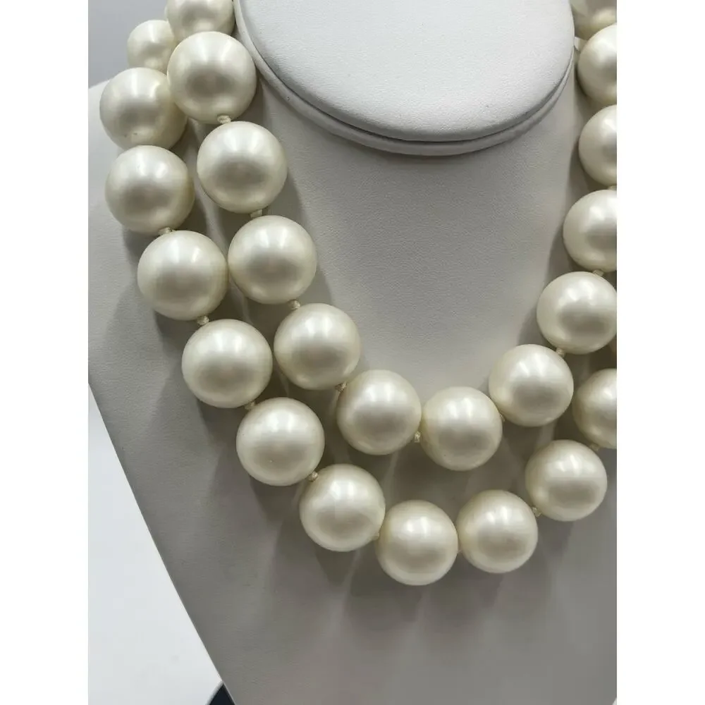 Vintage Large Double Strand Ivory Faux Acrylic Pearl Gold Tone Hook Necklace 20m